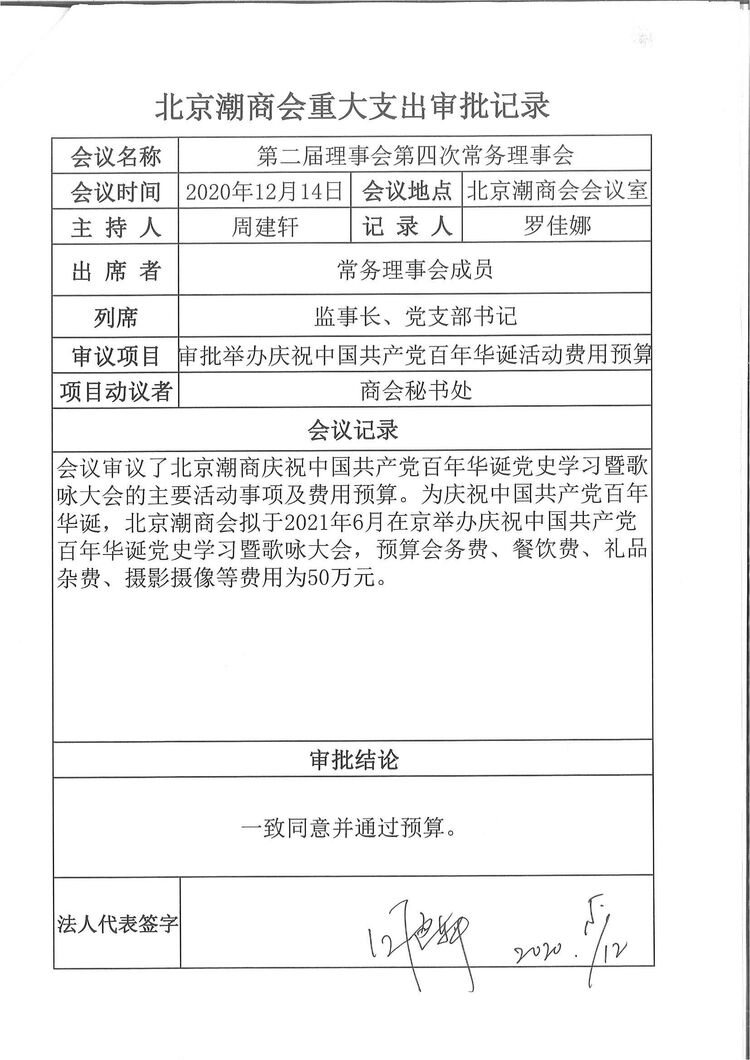 北京潮商会重大支出审批记录（20201214第四次常务理事会议2）